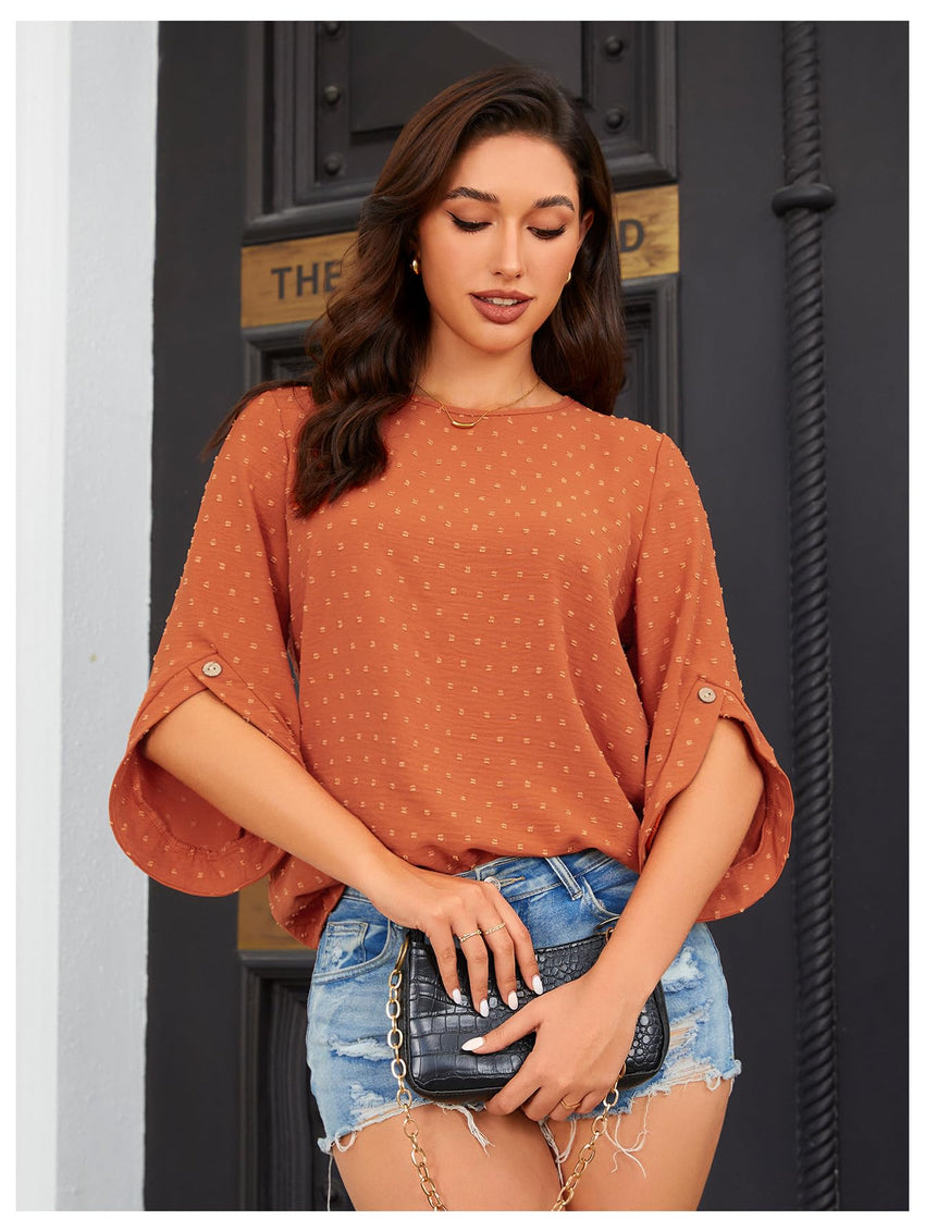 7DAY'S Women's Dressy Casual Tops Swiss Dots Short Sleeve Chiffon Blouse Summer Work Shirts - 7DAY'S