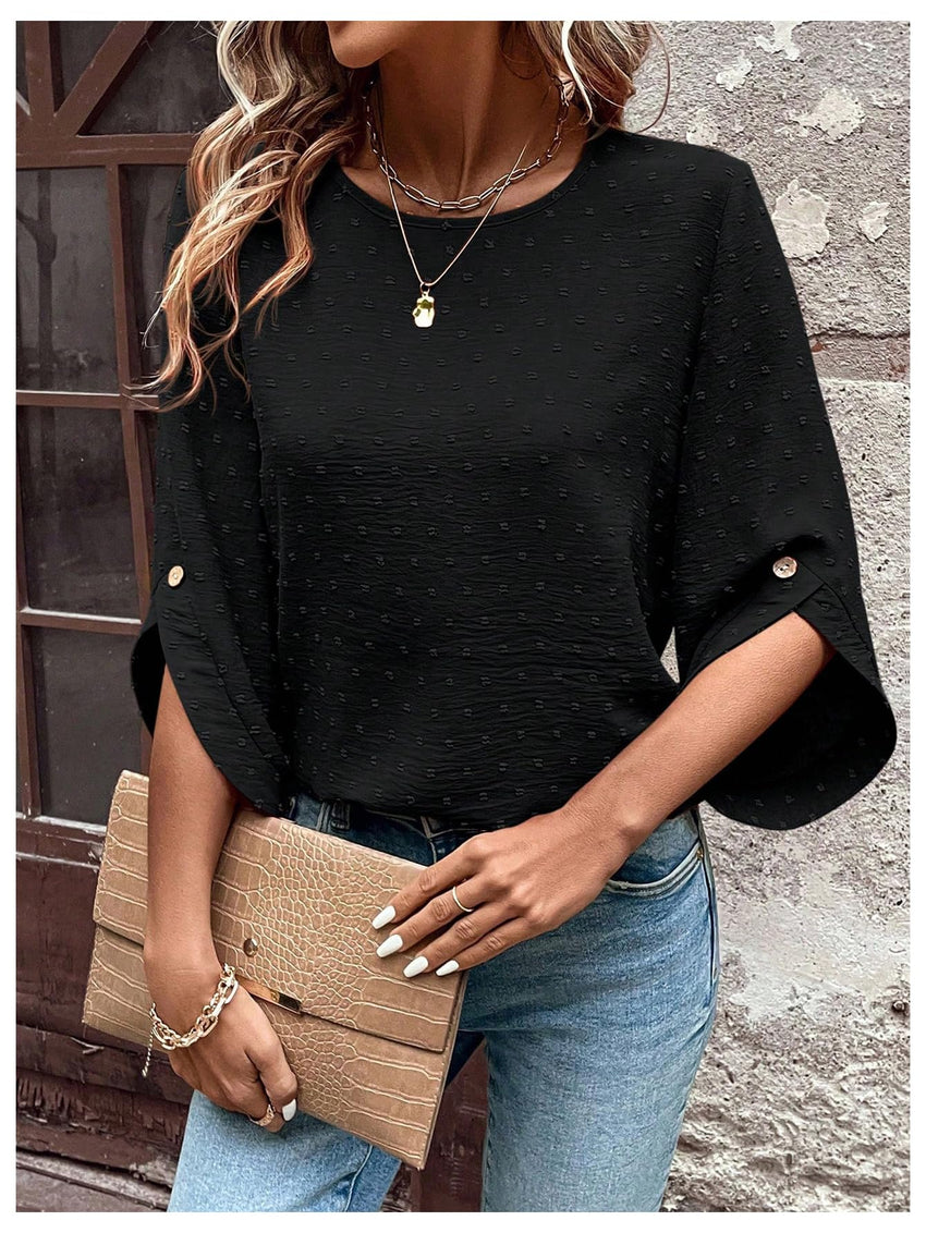 7DAY'S Women's Dressy Casual Tops Swiss Dots Short Sleeve Chiffon Blouse Summer Work Shirts - 7DAY'S