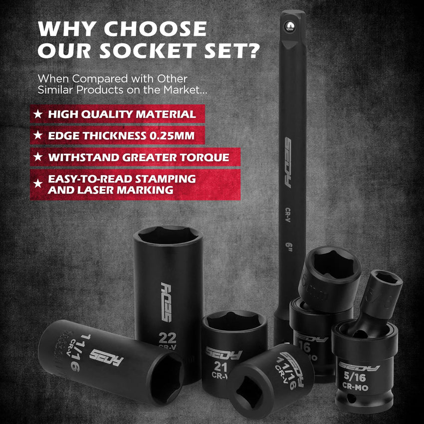 29-Piece 1/2" Drive Impact Socket Set, SAE (3/8 to 1 inch) and Metric (10-24mm) Sizes with Extension Bars Standard Deep Socket Set CR-V Material High Durability Impact Wrench