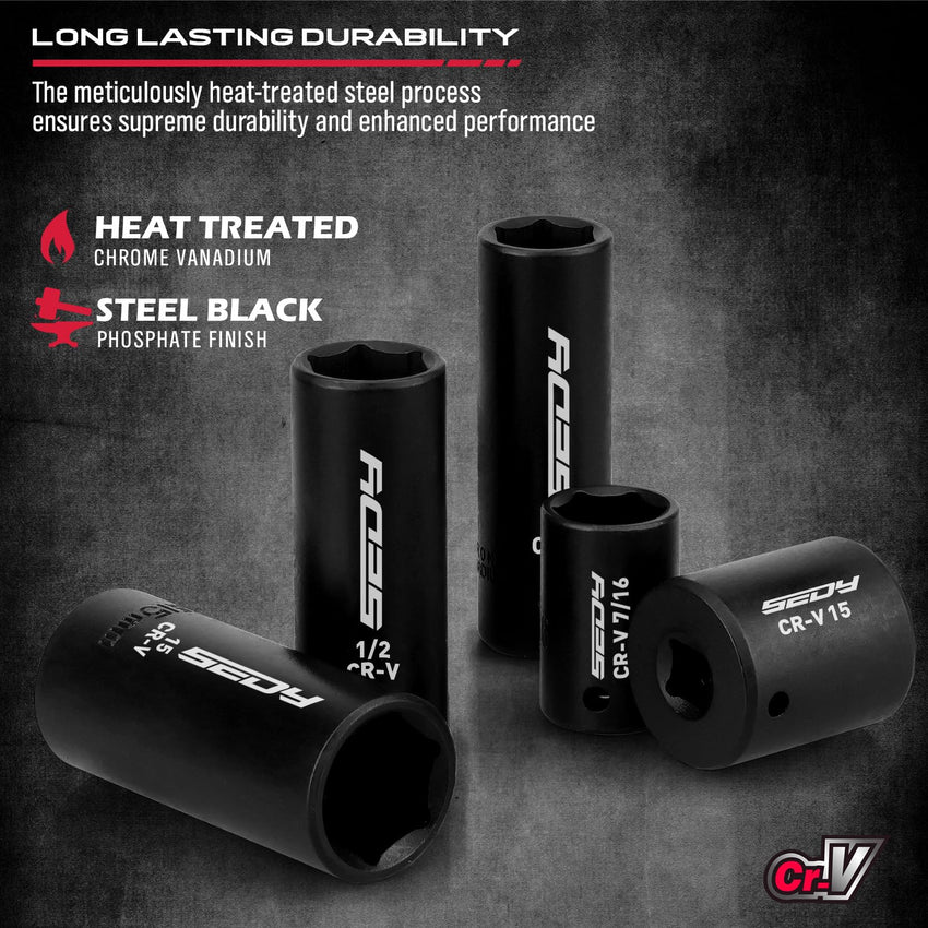 29-Piece 1/2" Drive Impact Socket Set, SAE (3/8 to 1 inch) and Metric (10-24mm) Sizes with Extension Bars Standard Deep Socket Set CR-V Material High Durability Impact Wrench