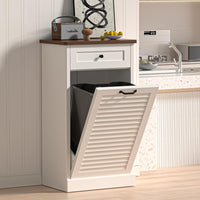 Spurgehom Tilt Out Trash Cabinet,13 Gallon Louvered Door Laundry Hamper Cabinet with Hideaway Drawers,Freestanding Garbage Can Cabinets for Kitchen & Living Room,White