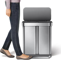 simplehuman 58 Liter / 15.3 Gallon Rectangular Hands-Free Dual Compartment Recycling Kitchen Step Trash Can with Soft-Close Lid, Brushed Stainless Steel