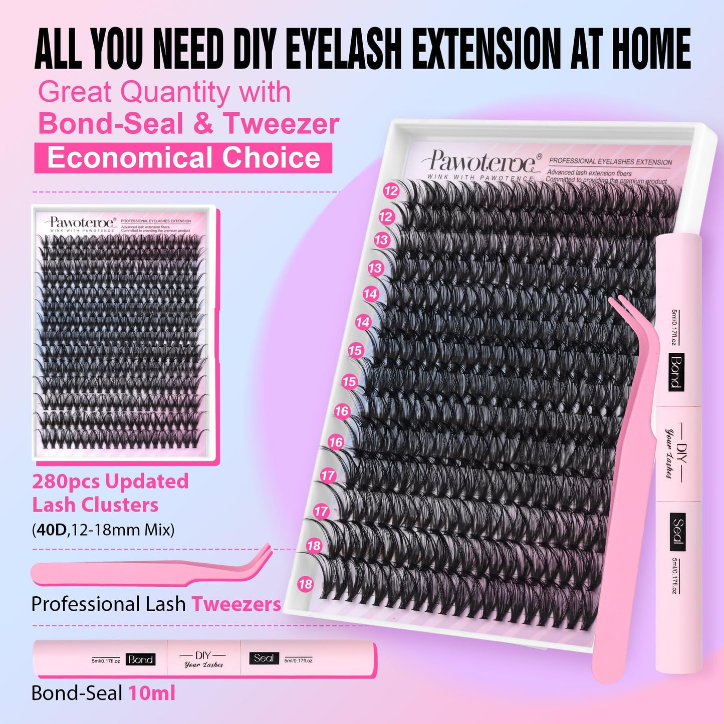 Pawotence Lash Extension Kit DIY 280pcs Lash Clusters Eyelash Extension Kit, 9-16mm 30D 40D Individual Lashes Kit with Lash Bond and Seal, Lash Tweezers for Self Use (30D&40D, 0.07D, 9-16mm, Kit)