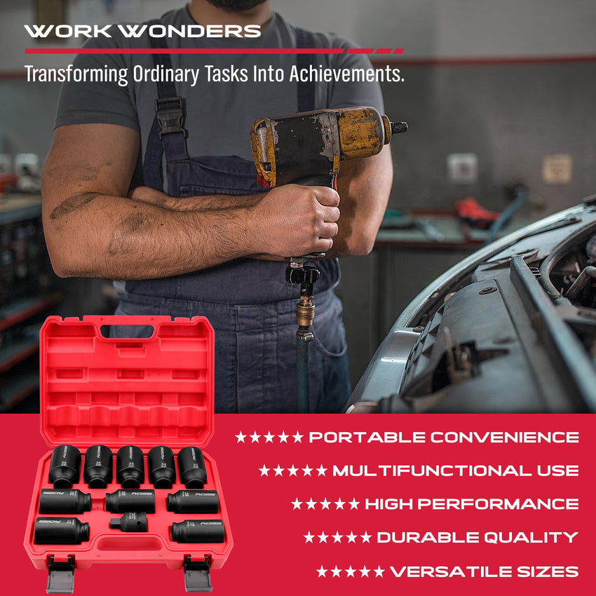 29-Piece 1/2" Drive Impact Socket Set, SAE (3/8 to 1 inch) and Metric (10-24mm) Sizes with Extension Bars Standard Deep Socket Set CR-V Material High Durability Impact Wrench