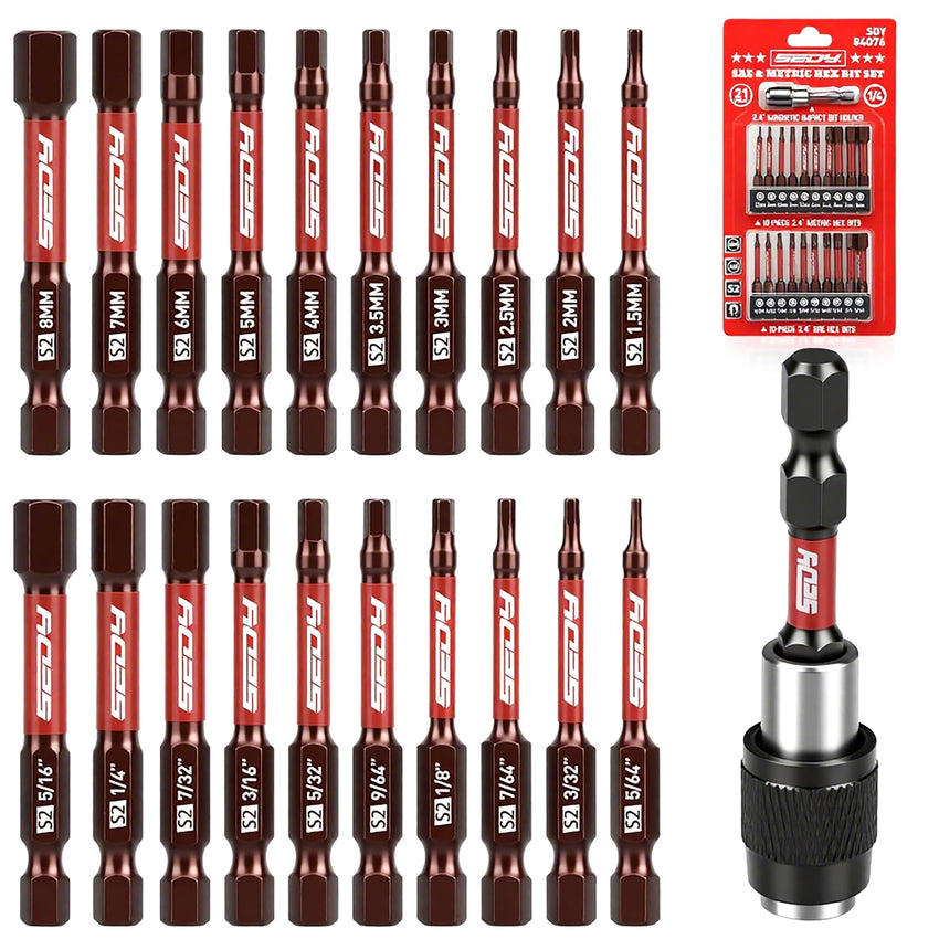 21-Piece 2.5" Hex Head Allen Wrench Drill Bit Set, 1/4" Hex Screwdriver Bits Set with Durable Magnetic Impact Bit Holder, SAE & Metric Allen Key, S2 Steel, Mechanic Home Repair