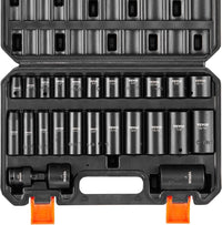 VEVOR Impact Socket Set 3/8" Drive, 48-Piece Standard SAE (5/16 to 3/4 inch) & Metric (8 to 22 mm) Size, Deep & Shallow, 6 Point, CR-V, Extension Bar, Universal Joint, 1/2" F to 3/8" M Reducer