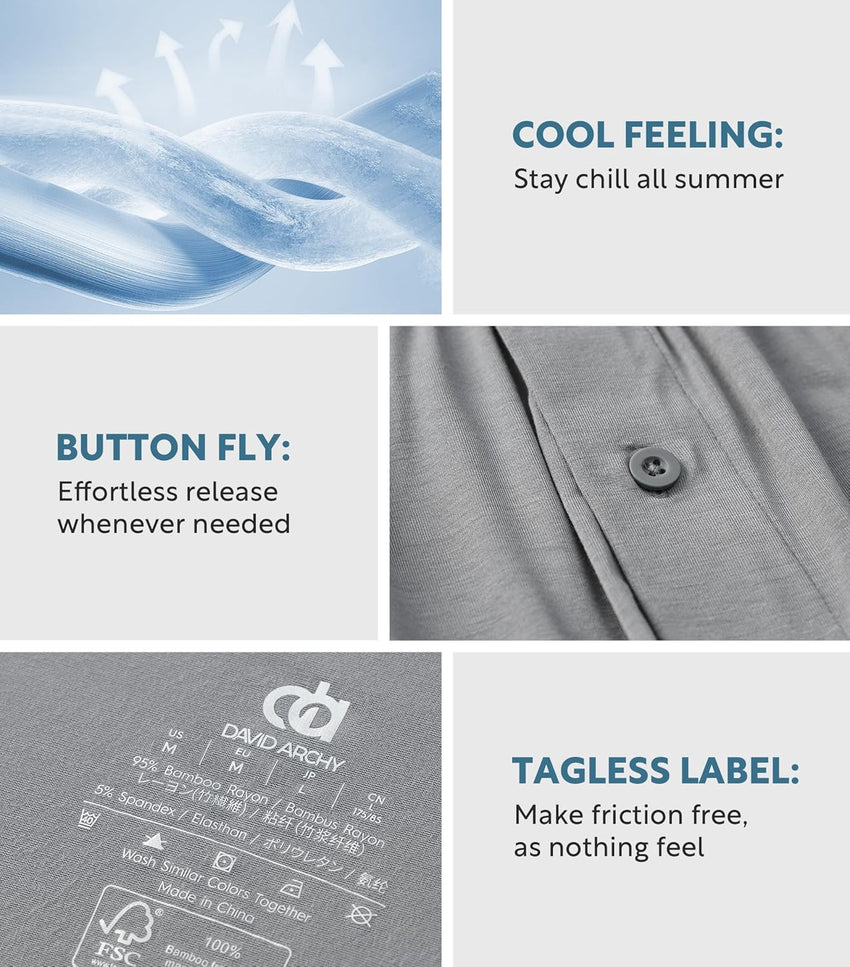 DAVID ARCHY Mens Boxer Shorts Breathable Soft Rayon Made from Bamboo Boxers for Men Loose Fit Mens Underwear 3 or 5 Pack