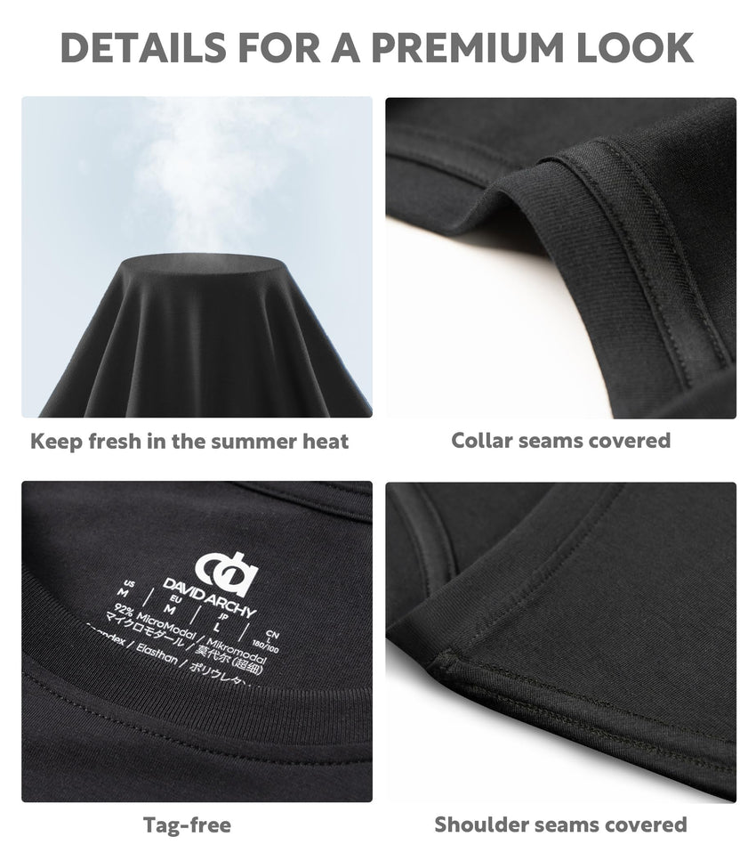 DAVID ARCHY Men's Undershirts Micro Modal Ultra Soft T-Shirts Stretch Moisture-Wicking Crewneck/V-Neck Tees for Men, 3-Pack