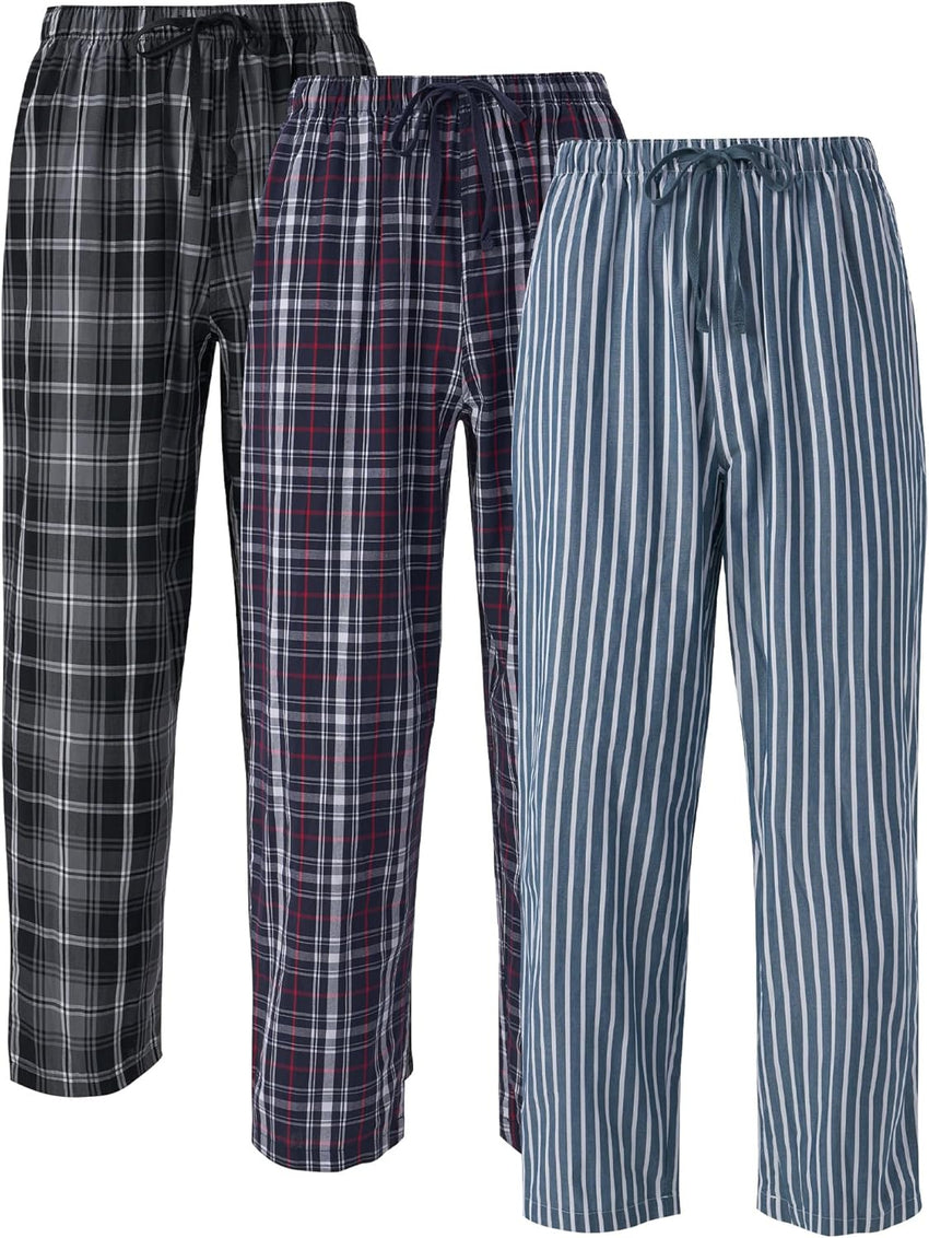 DAVID ARCHY Mens Pajama Pants Soft Cotton Plaid Sleepwear, Comfy Lounge Woven Pajamas Bottoms PJ Pant for Men, 3 pack