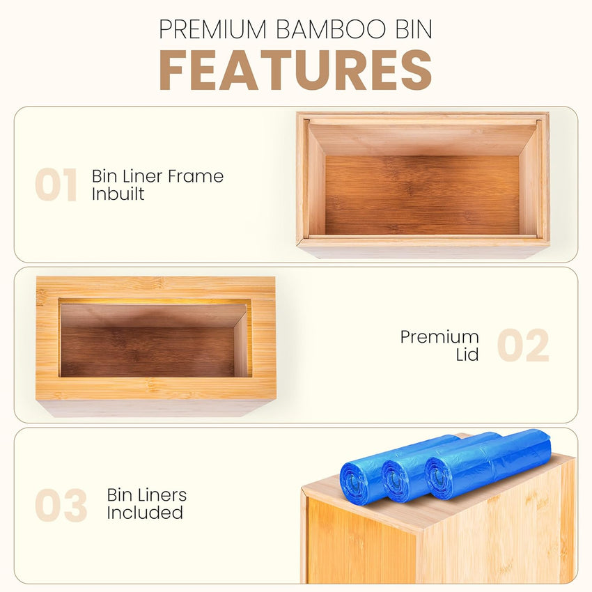Bamboo Wooden Trash bin with Bin Liner Built-in Frame and Premium Lid - Rectangular Waste Basket with Bin Liners for Bathroom, Bedroom, Living Room, Kitchen, Office, Vanity, Salon or Spa