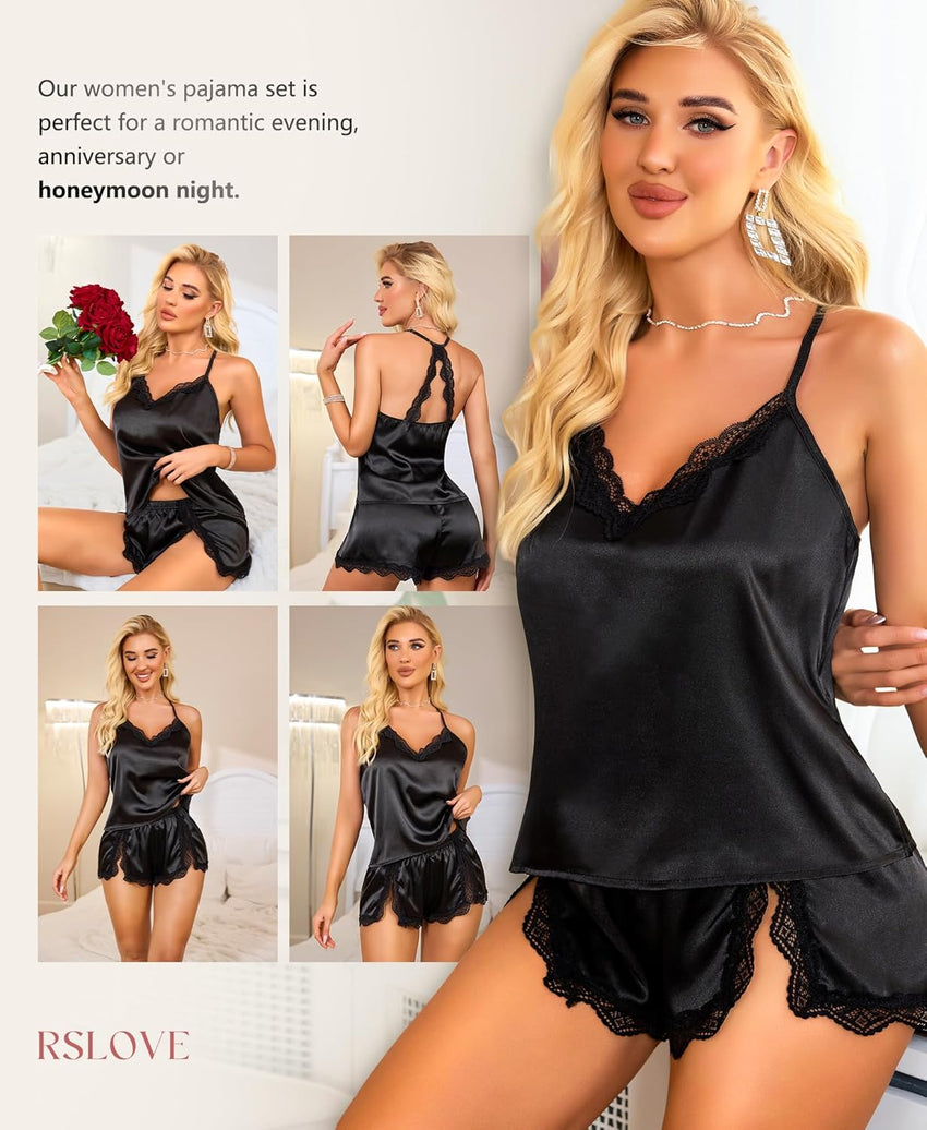RSLOVE Women Pajama Set Sleepwear - Satin Pajamas Silk V Neck Cami and Shorts Pjs 2 Piece Womens Sexy Lace Lounge Nightwear