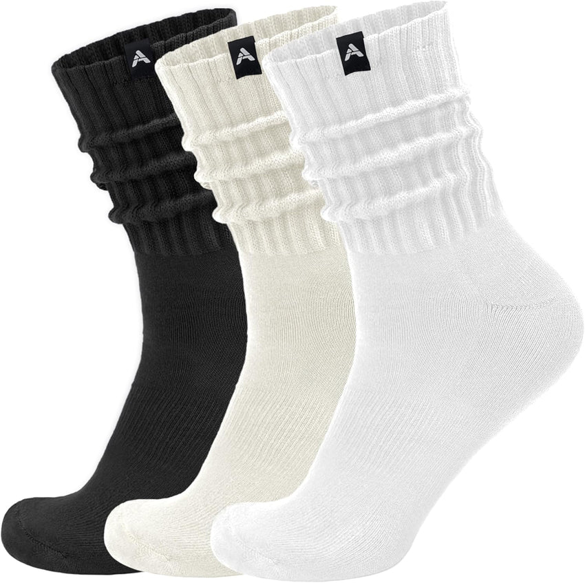 Scrunch Slouch Crew Socks Retro Ribbed Cotton Cushioned 3 Pack Boot Sneaker Gym Cozy Calf Socks For Men & Women