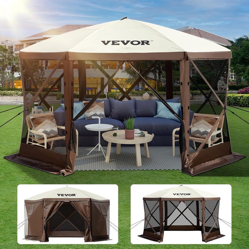 VEVOR 12 * 12ft 6 Sided Pop-up Canopy Shelter Tent with Mesh Windows, Portable Carry Bag, Stakes, Large Shade Tents for Outdoor Camping, Lawn and Backyard, Brown/Beige