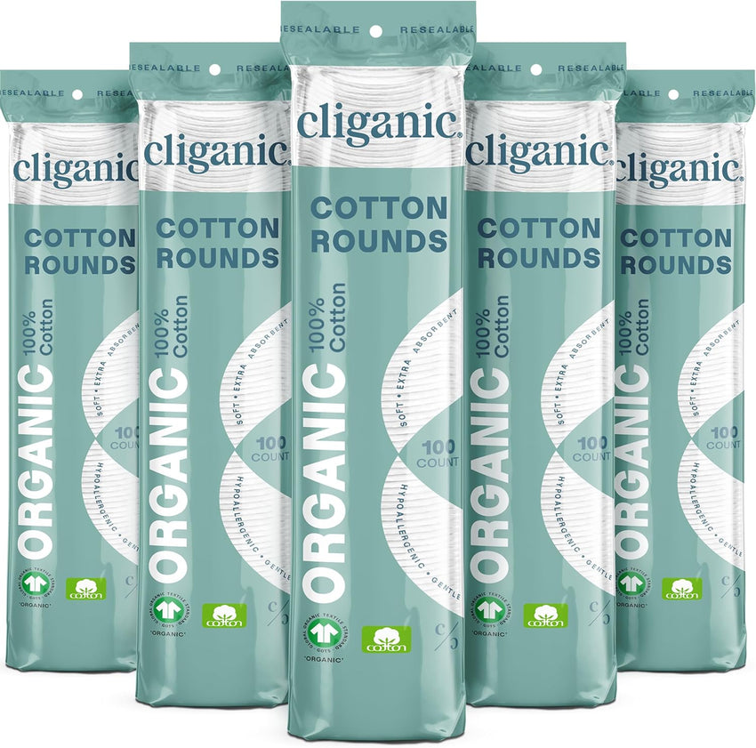 Cliganic Organic Cotton Rounds (300 Count) Makeup Remover Pads, Hypoallergenic, Lint-Free | 100% Pure Cotton (Packaging May Vary)
