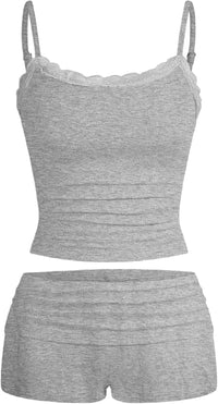 Hilinker Womens Sexy Pajama Set Ruched Lace Trim Cami and Shorts Summer Cute Pjs 2 Piece