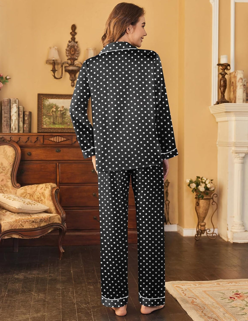 Ekouaer Womens Satin Pajama Set Classic Pattern Silky Pj Sets Button Down Sleepwear Loungewear