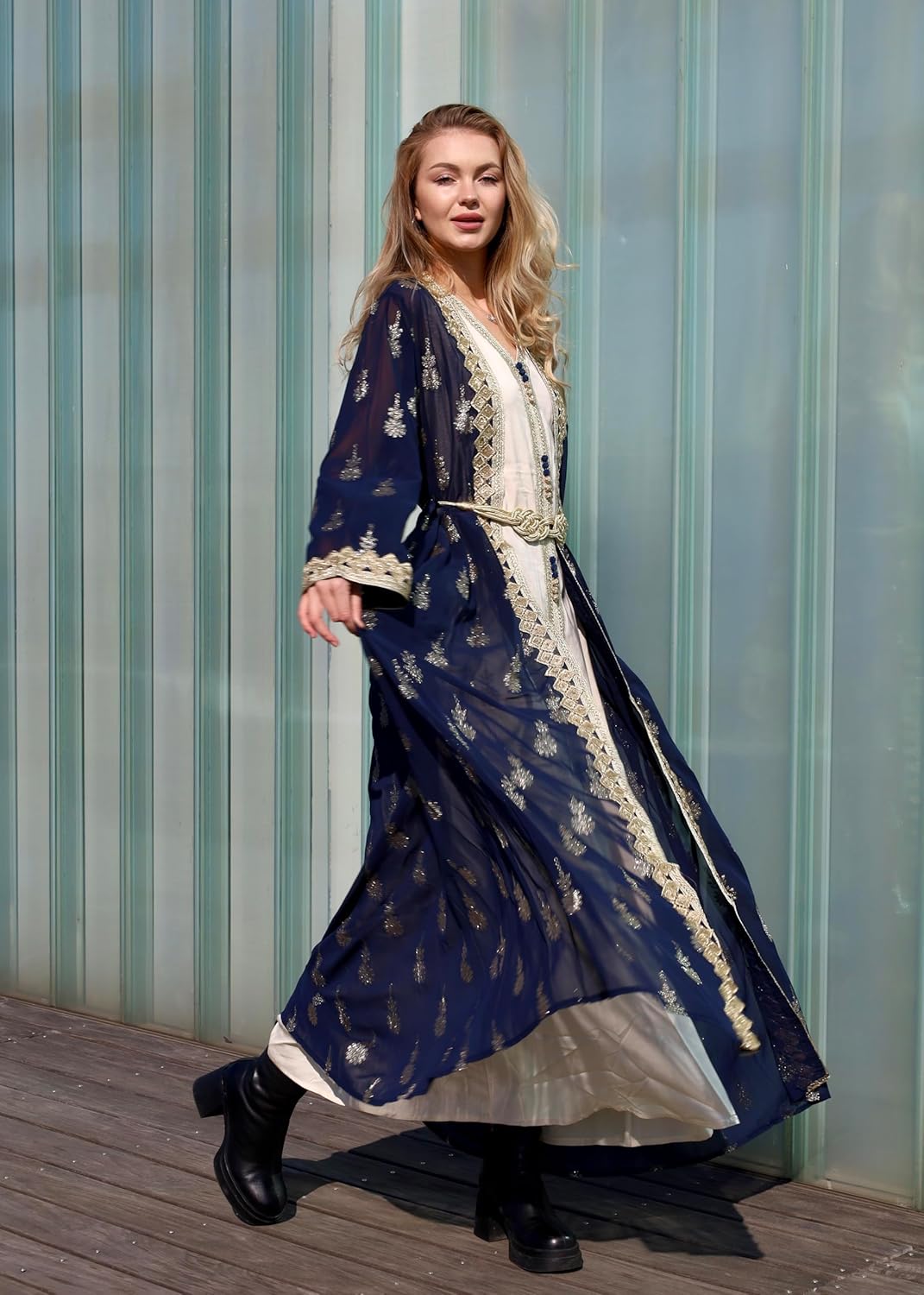 HUSN Embroidered Two-Piece Abaya Set Long Cardigan with Gold Embroidery with Plus Size Inner Slip Kaftan for Eid