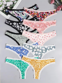 Morvia 10-Pack Women Sexy Coquette Contrast Lace Trims Floral Print Thongs Underwear