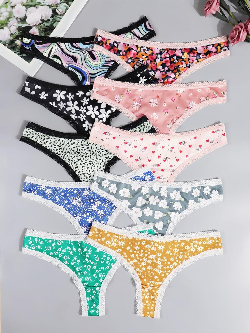 Morvia 10-Pack Women Sexy Coquette Contrast Lace Trims Floral Print Thongs Underwear