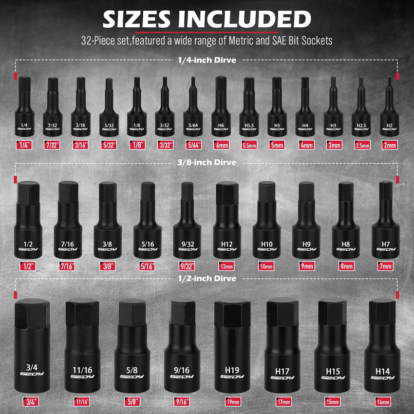 Hex Bit Impact Socket Set: 36-Piece with 4 Adapters, 1/4" 3/8" 1/2" Drive Master Allen Impact Socket Set, SAE and Metric, H5-H19 & 3/4"-5/64", Heavy Duty Storage Case, Automotive Mechanic