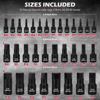 Hex Bit Impact Socket Set: 36-Piece with 4 Adapters, 1/4" 3/8" 1/2" Drive Master Allen Impact Socket Set, SAE and Metric, H5-H19 & 3/4"-5/64", Heavy Duty Storage Case, Automotive Mechanic