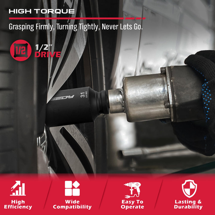 29-Piece 1/2" Drive Impact Socket Set, SAE (3/8 to 1 inch) and Metric (10-24mm) Sizes with Extension Bars Standard Deep Socket Set CR-V Material High Durability Impact Wrench