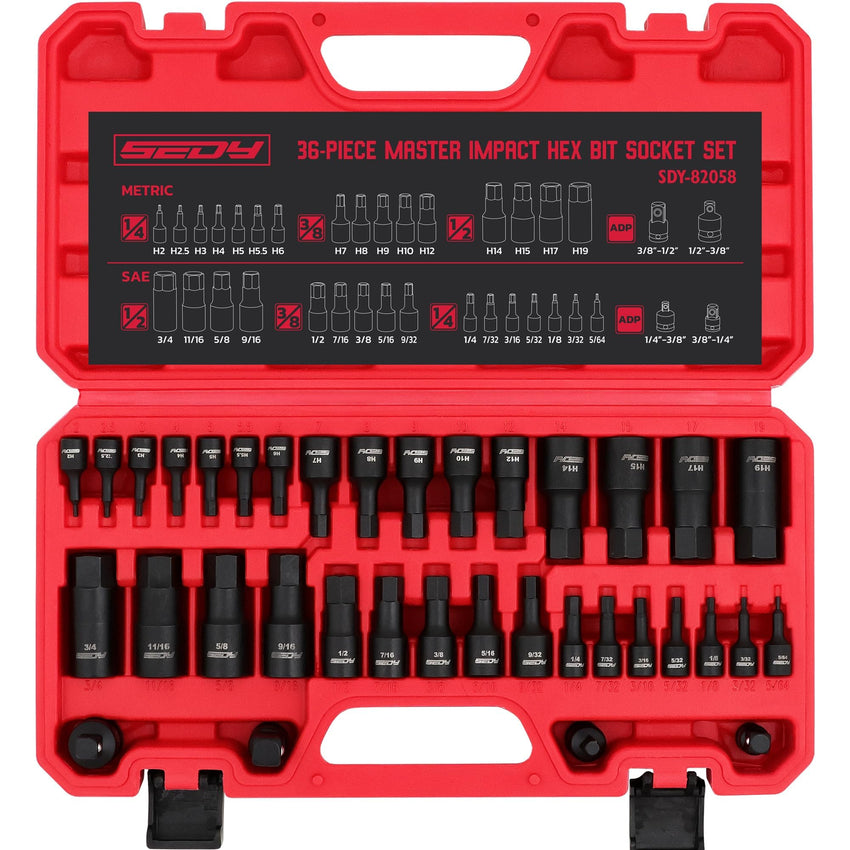 Hex Bit Impact Socket Set: 36-Piece with 4 Adapters, 1/4" 3/8" 1/2" Drive Master Allen Impact Socket Set, SAE and Metric, H5-H19 & 3/4"-5/64", Heavy Duty Storage Case, Automotive Mechanic