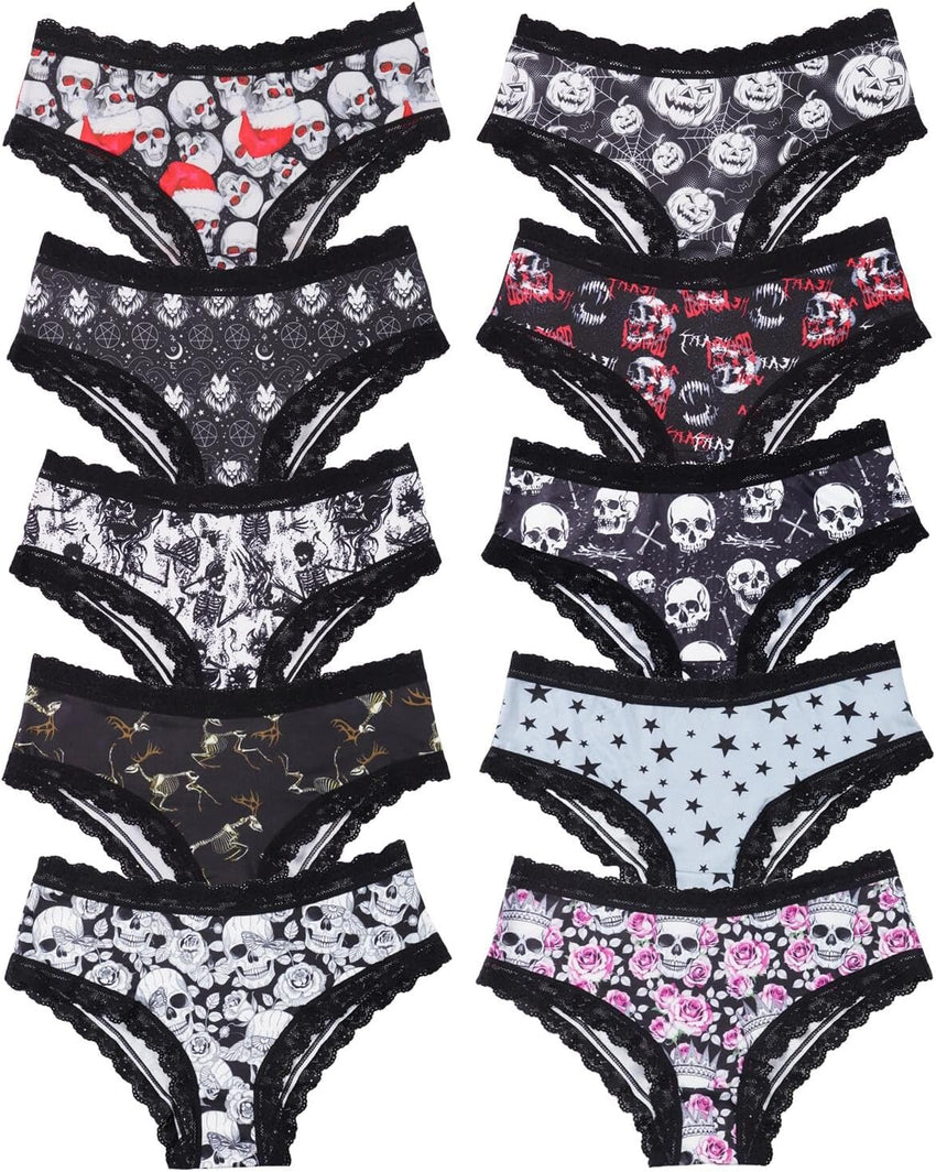 Morvia 10pcs Women's Gothic Contrast Lace Halloween Skull & Rose Print Hipster Panties Assorted Styles