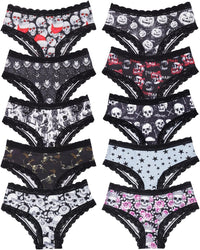 Morvia 10pcs Women's Gothic Contrast Lace Halloween Skull & Rose Print Hipster Panties Assorted Styles
