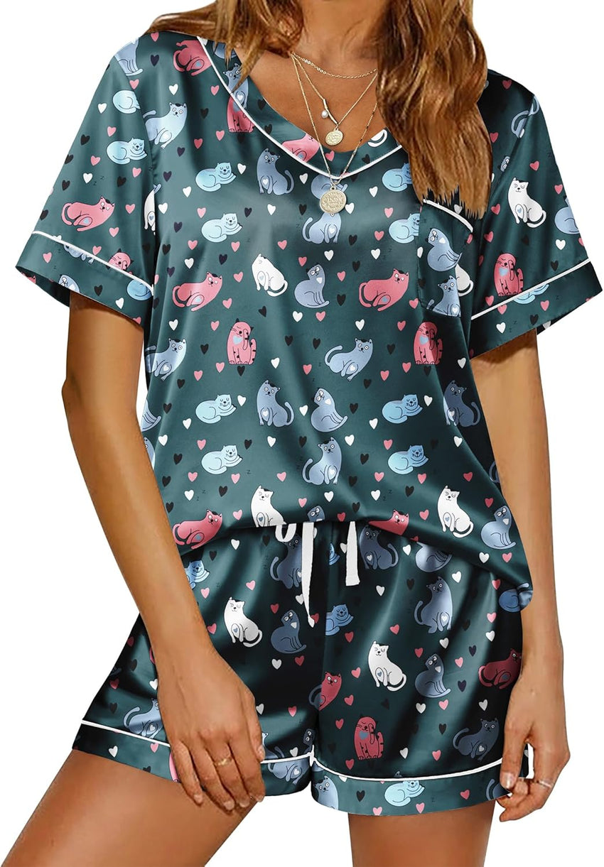 Ekouaer Silk Pajama for Women Short Sleeve Satin Pj Set Two Piece Soft Sleepwear Loungewear S-XXL