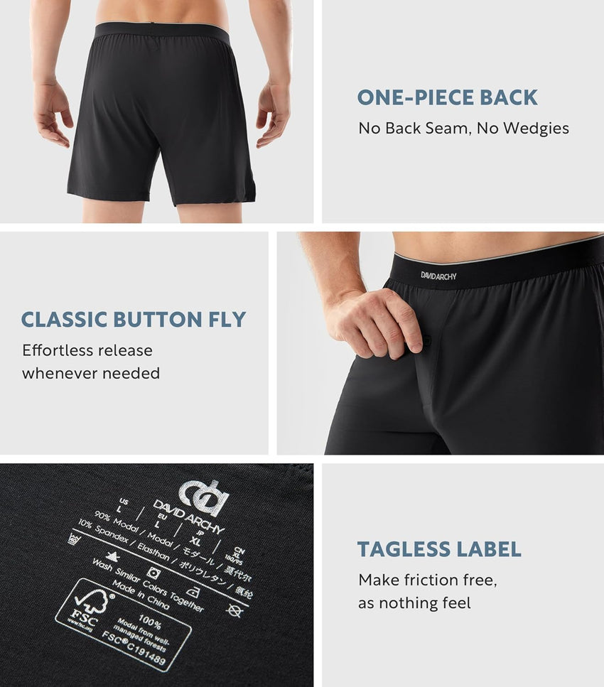 DAVID ARCHY Ultra Soft Modal Boxers for Men, Silky Stretchy Boxer Shorts, Breathable Loose Men's Underwear for Sleep 4 Pack