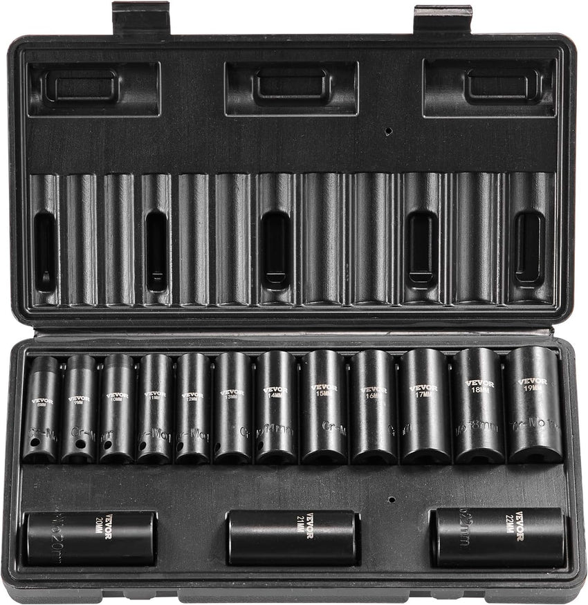 VEVOR Impact Socket Set 3/8" Drive, 48-Piece Standard SAE (5/16 to 3/4 inch) & Metric (8 to 22 mm) Size, Deep & Shallow, 6 Point, CR-V, Extension Bar, Universal Joint, 1/2" F to 3/8" M Reducer