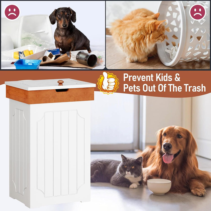 Function Home Trash Can Cabinet, 13 Gallon Kitchen Garbage Can, Wooden Recycling Trash Bin, Dog Proof Trash Can, Trash Cabinet with Lid for Home Kitchen Bathroom, White