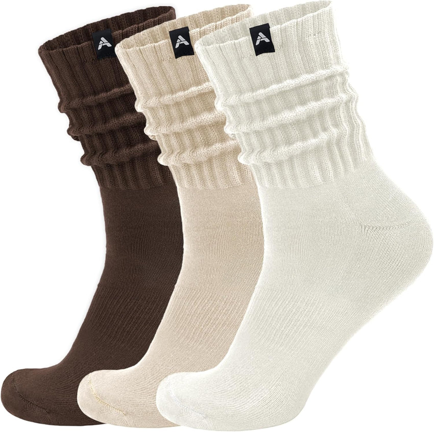 Scrunch Slouch Crew Socks Retro Ribbed Cotton Cushioned 3 Pack Boot Sneaker Gym Cozy Calf Socks For Men & Women