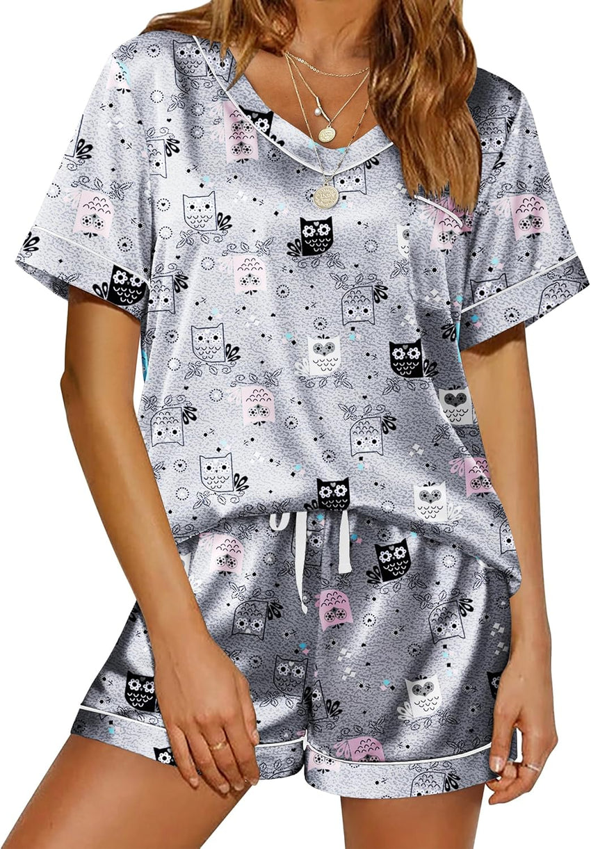Ekouaer Silk Pajama for Women Short Sleeve Satin Pj Set Two Piece Soft Sleepwear Loungewear S-XXL