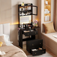 Maupvit Small Vanity Desk with Mirror and Lights, Modern Compact Make Up Vanity Set with Hidden Stool, Charging Station, Drawers, White Narrow Vanity Dressing Table with Fold-up Panel for Small Space