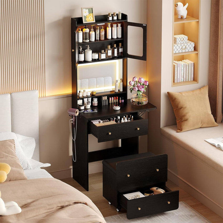 Maupvit Small Vanity Desk with Mirror and Lights, Modern Compact Make Up Vanity Set with Hidden Stool, Charging Station, Drawers, White Narrow Vanity Dressing Table with Fold-up Panel for Small Space