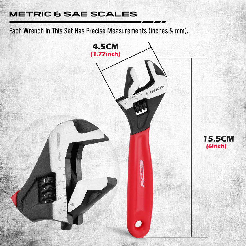 Adjustable Wrench Set Pipe Spanner: 6" 8" 10" Wide Jaw Black Oxide Wrench With Cushion Grip, Laser Marked Metric & SAE Scales, CR-V Steel for Professional