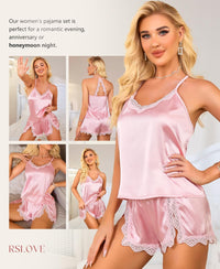 RSLOVE Women Pajama Set Sleepwear - Satin Pajamas Silk V Neck Cami and Shorts Pjs 2 Piece Womens Sexy Lace Lounge Nightwear