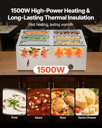 VEVOR Commercial Food Warmer, 1500W Electric Stainless Steel Steam Food Warmer with Lid, 6-Pan Fast Heating Countertop Buffet Bain Marie with Soup & Perforated Ladles, for Catering, Restaurant, Party