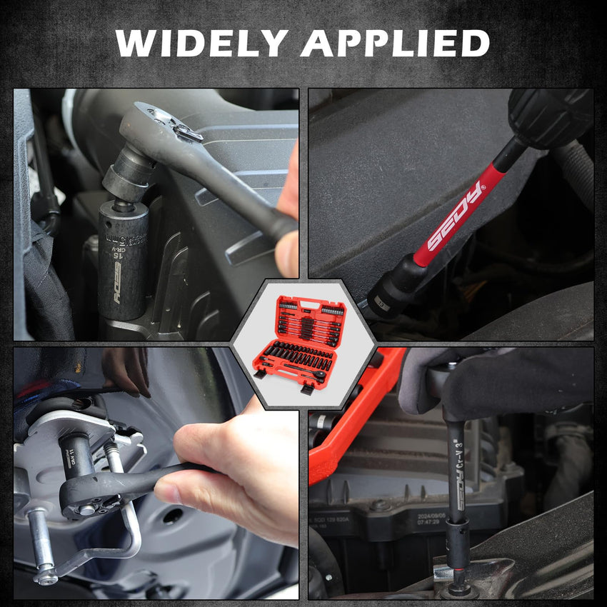 29-Piece 1/2" Drive Impact Socket Set, SAE (3/8 to 1 inch) and Metric (10-24mm) Sizes with Extension Bars Standard Deep Socket Set CR-V Material High Durability Impact Wrench