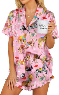 Ekouaer Womens Satin Pajamas Set Button Down 2 Piece Silk Pjs Shorts Set Ruffle Lingerie Notch Collar Sleepwear