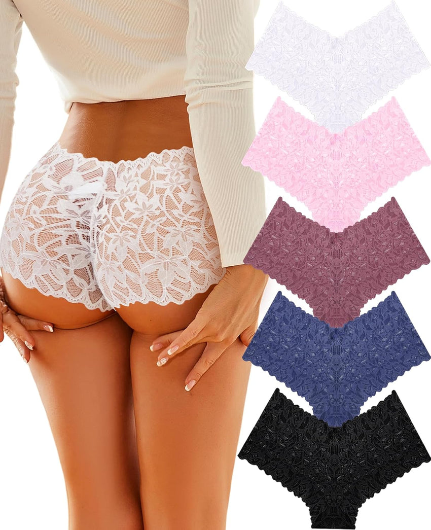 Sexy Underwear Panties for Women Cheeky V Waist Lace Boyshorts Plus Size Underwear Women 5 Pack