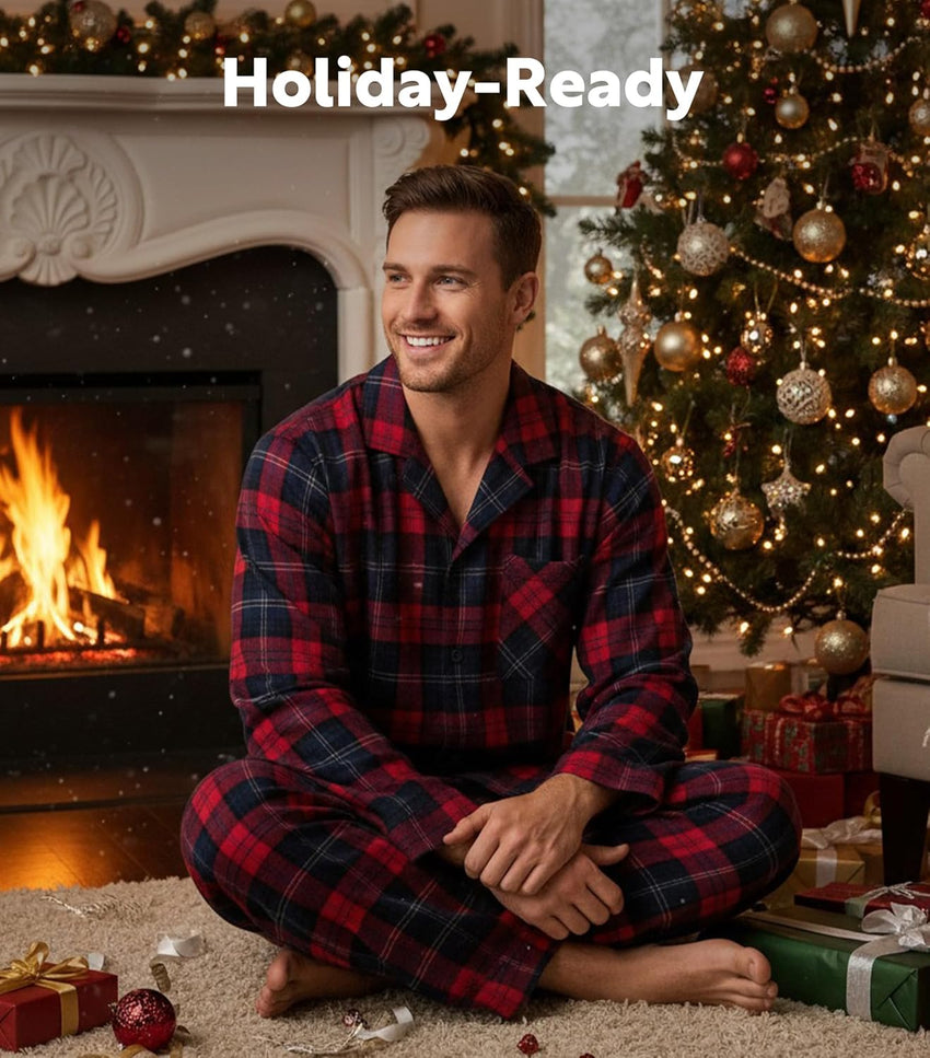 DAVID ARCHY Men's Pajamas Set Flannel Pjs Sets Ultra-Soft Cotton Pajamas for Men Classic Plaid Lounge Set with Roomy Pockets
