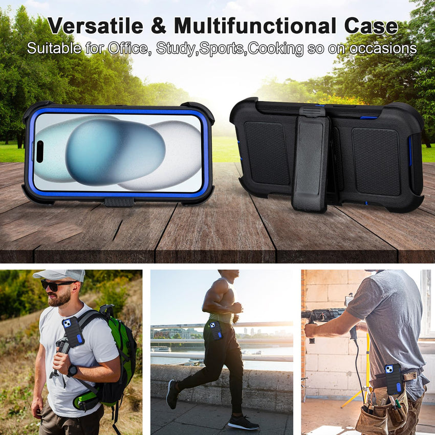 for Rugged iPhone 15 Case with Belt Clip Holster, Military Grade Heavy Duty Shockproof Cover for iPhone15 Case Protective with Stand 6.1 Inch (Black+Blue)