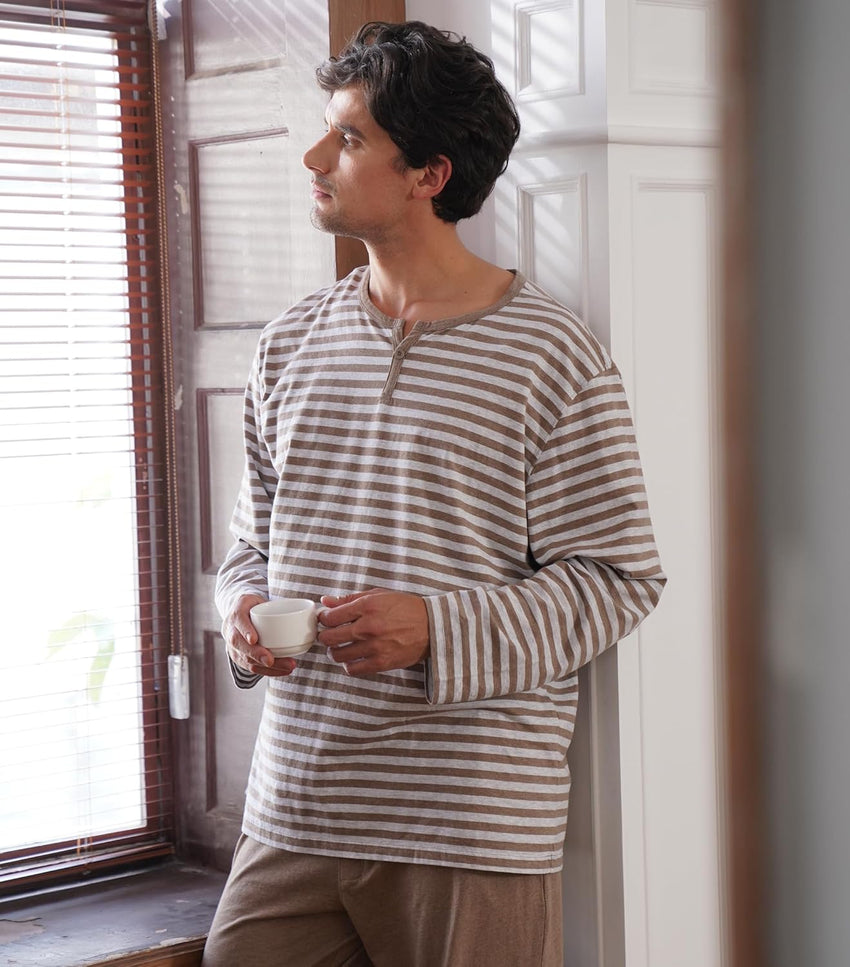 DAVID ARCHY Men's Pajamas Set Soft Cotton Long Sleeve Sleepwear Comfy Loungewear Pjs with Pockets