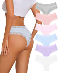 Sth Big Womens Cotton Underwear Sexy Lace Brazilian Panties Soft Breathable Cotton Bikini for Ladies 6 Pack