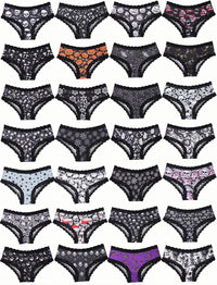 Morvia 10pcs Women's Gothic Contrast Lace Halloween Skull & Rose Print Hipster Panties Assorted Styles