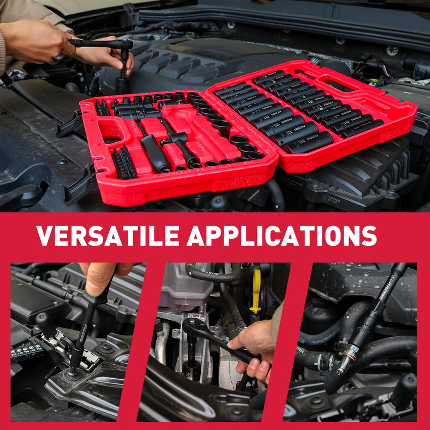 29-Piece 1/2" Drive Impact Socket Set, SAE (3/8 to 1 inch) and Metric (10-24mm) Sizes with Extension Bars Standard Deep Socket Set CR-V Material High Durability Impact Wrench