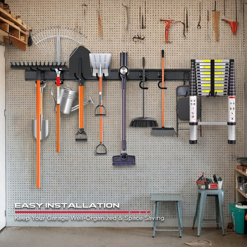 48" Heavy Duty Garage Wall Organizer, Wall Mount Tool Storage Rack with Adjustable Hooks, Garden Tool Organizer Hold Up to 300lbs, Easy Installation (3 Panels, 8 Hooks, 3 Straps)